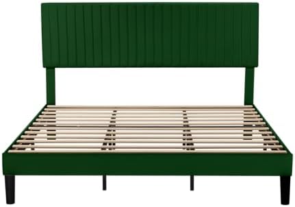 Allewie King Bed Frame, Velvet Upholstered Platform Bed with Adjustable Vertical Channel Tufted Headboard, Mattress Foundation with Strong Wooden Slats, Box Spring Optional, Easy Assembly, Green