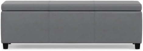 SIMPLIHOME Avalon 48" Wide Vegan Leather Storage Ottoman in Stone Grey | Contemporary lift-top ottoman with high-density foam; rectangle storage bench or coffee table for living room or entryway.