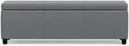 SIMPLIHOME Avalon 48" Wide Vegan Leather Storage Ottoman in Stone Grey | Contemporary lift-top ottoman with high-density foam; rectangle storage bench or coffee table for living room or entryway.