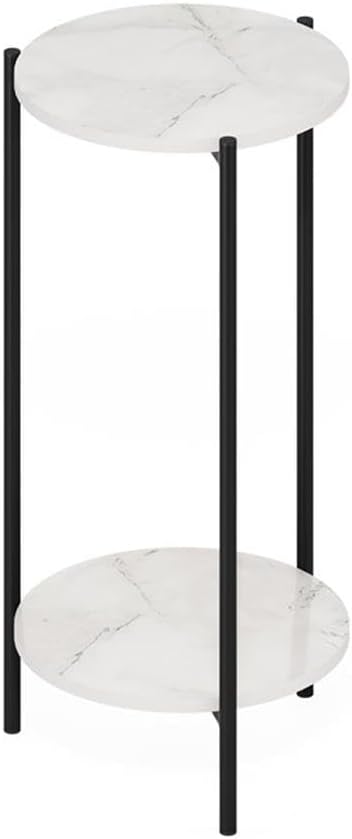 Pemberly Row 2-Tier Modern Round End Table, 11.57 x 11.57 x 23.62 Inches, Composite Wood and Sturdy Metal Legs, White Marble Finish, Space-Saving Design for Living Room or Bedroom