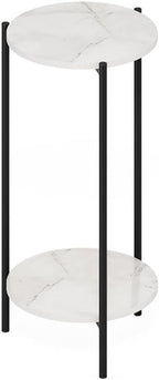 Pemberly Row 2-Tier Modern Round End Table, 11.57 x 11.57 x 23.62 Inches, Composite Wood and Sturdy Metal Legs, White Marble Finish, Space-Saving Design for Living Room or Bedroom