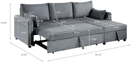 Ball & Cast 86" Sectional Sleeper Sofa Bed Pull Out Couches for Living Room | L Shaped Convertible Pull Out Sofa Bed with Reversible Storage Chaise and Side Pocket, 3-Seat Sofa for Small Space Apartment