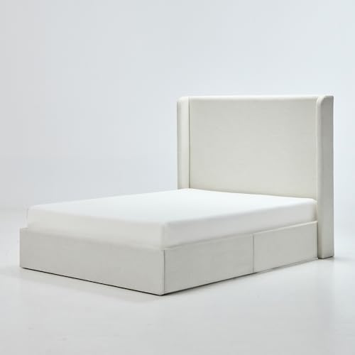 Full Size Upholstered Platform Bed Frame, 53.5" High Headboard Carmen Wingback Beds, Tall Headboard Floor Bed Frames, No Box Spring Needed No Noise, Minimalist, Textured Ivory