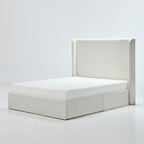 Full Size Upholstered Platform Bed Frame, 53.5" High Headboard Carmen Wingback Beds, Tall Headboard Floor Bed Frames, No Box Spring Needed No Noise, Minimalist, Textured Ivory