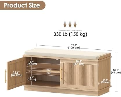 Akxomel 39.4" Fluted Shoe Storage Bench 2 Doors Wooden Entryway Bench Oak | 2 Tier Shoe Bench with Padded Cushion, Adjustable Shelves and 2 Doors, Curved Profile, for Hallway, Living Room, Bedroom