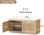 Akxomel 39.4" Fluted Shoe Storage Bench 2 Doors Wooden Entryway Bench Oak | 2 Tier Shoe Bench with Padded Cushion, Adjustable Shelves and 2 Doors, Curved Profile, for Hallway, Living Room, Bedroom