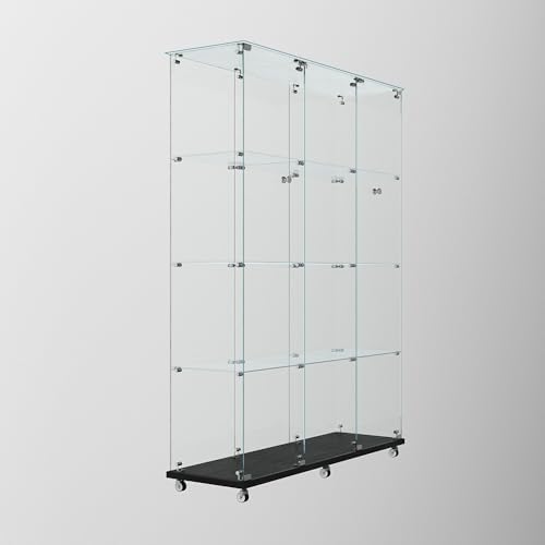 65" H 4-Shelf Glass Display Storage Cabinet with LED Lights Strip & Double Doors, Modern Curio Cabinet Collection Display Case with Lockable Casters & Lock for Living Room (Black)