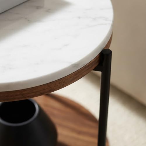 Lyra Round Marble End Table – Solid Acacia Wood Shelf, Open Storage Side Table for Living Room, Bedroom, Entryway, Small Spaces – Nightstand, Plant Stand, Modern Accent Table with Metal Frame