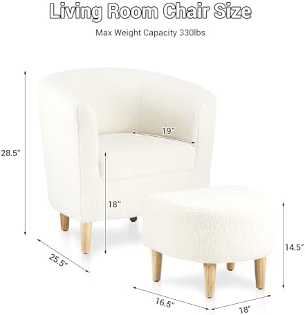DAZONE Sherpa Accent Chair with Ottoman White Fluffy Teddy Barrel Armchair | Small Side Chair for Living Room, Bedroom, Reading Corner, Footrest, Boucle Corner Armchair, Solid Wood Legs, Soft Cushion