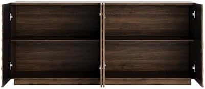 4-Door Sideboard Buffet Cabinet, 59'' Wood Kitchen Storage Cabinet Sideboard with Water Ripple Doors & Suspended Base, 2 Tiers Mid Century Modern TV Stand for Living Dining Room, Walnut