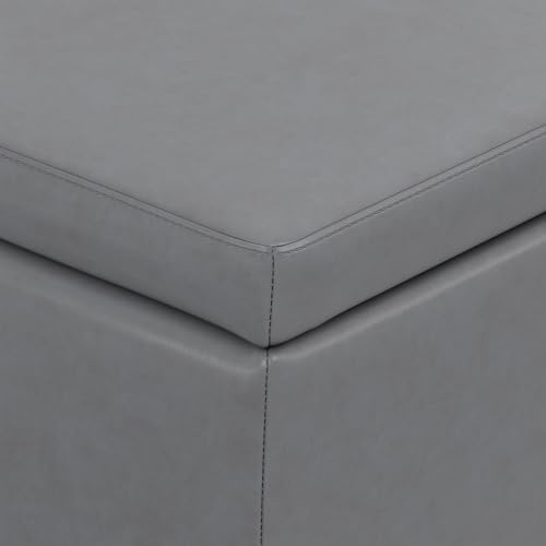 SIMPLIHOME Avalon 48" Wide Vegan Leather Storage Ottoman in Stone Grey | Contemporary lift-top ottoman with high-density foam; rectangle storage bench or coffee table for living room or entryway.