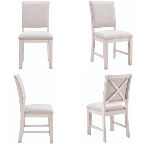 Farmhouse Dining Chairs Set of 2 Upholstered Kitchen Chairs with Cross Back Armless Wooden Side Chairs for Dining Room, Living Room, Reception (Grey Linen + White Frame)