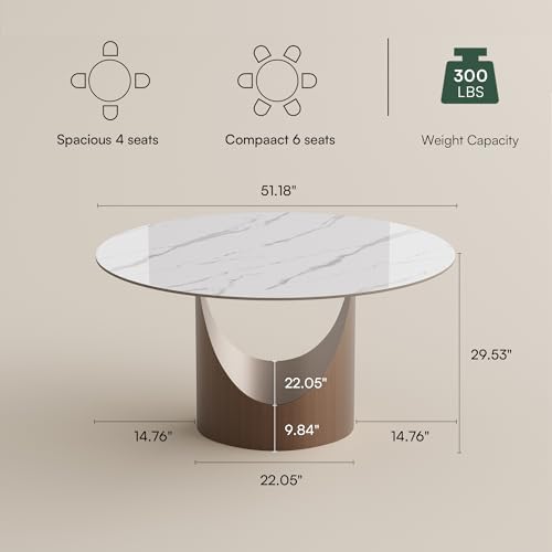 POVISON Round Dining Table for 4, 51" Glossy White Sintered Stone Top Dining Table with Bronze Carbon Steel Pedestal, Modern Dining Room Table for Kitchen, Living Room (Table Only)