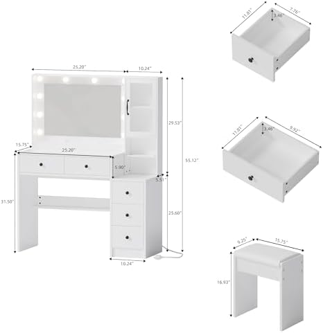 35.4” Makeup Vanity Desk with Charging Station, White Makeup Dressing Table with Mirror & Lights, 3 Lighting Modes Adjustable Brightness, Vanity Table with Power Outlet & 5 Drawers Round Handle