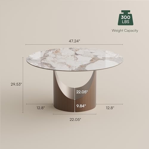 POVISON Round Pandora Dining Table for 4, 47" Sintered Stone Tabletop Dining Table with Bronze Carbon Steel Pedestal (Table Only)
