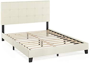 Furinno Laval Button Tufted Upholstered Platform Bed Frame, Queen, Linen