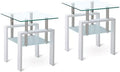 Glass End Table Tea Table with Shelf Side Table with Metal Legs Modern Small Tables for Living Room (White)