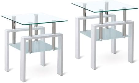 Glass End Table Tea Table with Shelf Side Table with Metal Legs Modern Small Tables for Living Room (White)