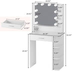 Makeup Vanity Desk with Mirror and Lights, 26.4”Small Vanity Mirror with Lights with Large Drawer and 6 Level Storage, White Vanity with Large Led Mirror with 3 Color Lighting Modes (White)