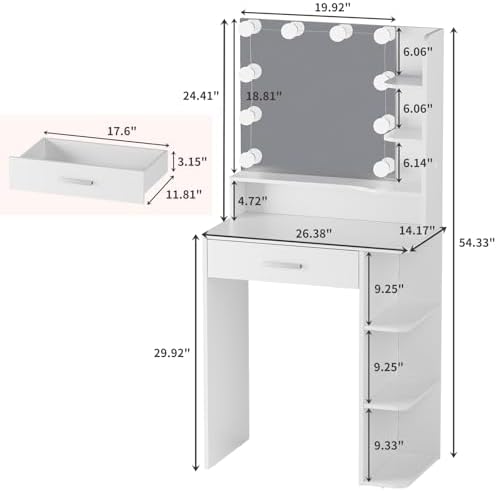 Makeup Vanity Desk with Mirror and Lights, 26.4”Small Vanity Mirror with Lights with Large Drawer and 6 Level Storage, White Vanity with Large Led Mirror with 3 Color Lighting Modes (White)