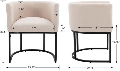 HNY Mid Century Modern Upholstered Barrel Dining Chairs with Arms Set of 2, Linen Kitchen & Dining Room Chairs, 18.5" Wide Accent Chair for Dining Room Living Room with Black Metal Frame, Cream