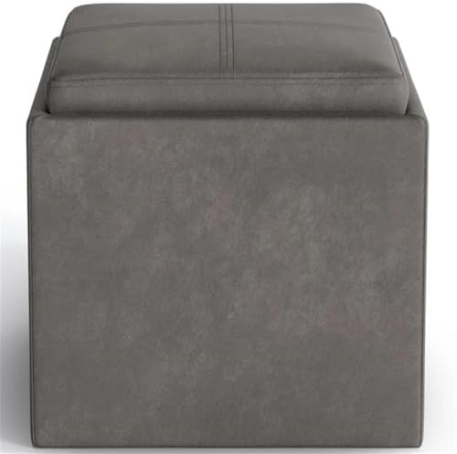 SIMPLIHOME Rockwood 17" Wide Vegan Leather Storage Ottoman in Grey | Distressed slate grey, contemporary ottoman with flip-over tray top and hidden storage; cube storage bench for living room.