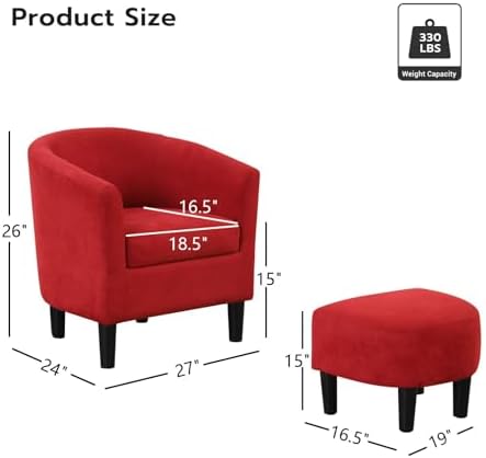INZOY Modern Accent Chair with Ottoman for Small Space, Club Chair with Ottoman Set, Comfy Fabric Barrel Reading Chairs for Living Room Bedroom, Round Reading Chair with Foot Rest, Red