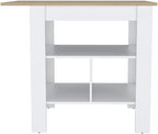 Modern Beige Kitchen Island with Resistant Top and Storage Shelves | Three low open shelves for extra storage space