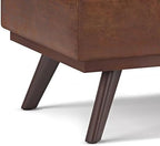 SIMPLIHOME Owen 42" Wide Vegan Leather Lift Top Ottoman in Saddle Brown | Distressed saddle brown, mid-century modern lift-top ottoman with storage for living room; rectangle footstool or pouf.