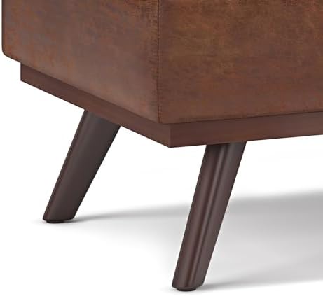 SIMPLIHOME Owen 42" Wide Vegan Leather Lift Top Ottoman in Saddle Brown | Distressed saddle brown, mid-century modern lift-top ottoman with storage for living room; rectangle footstool or pouf.