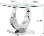 SSLine 1 Piece Living Room End Table Luxury Glass Side Table, Modern Silver End Table with Ring-Shape Stainless Steel Pedestal Base for Living Room Bedroom Office(1 End Table)