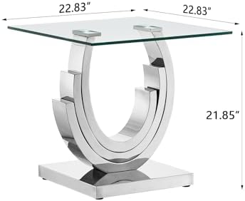 SSLine 1 Piece Living Room End Table Luxury Glass Side Table, Modern Silver End Table with Ring-Shape Stainless Steel Pedestal Base for Living Room Bedroom Office(1 End Table)