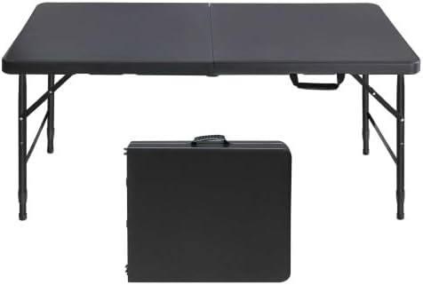 GlowSol Folding Table 4FT, Heavy Duty Portable Plastic Folding Table with Handle, Anti-Slip Feet, Waterproof, Easy to Clean, 300LBS Capacity, Foldable for Indoor Outdoor Use, Black