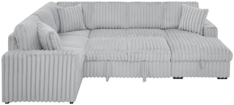 THSUPER 122-Inch Oversized U Shaped Plush Corduroy Fluffy Sectional Sleeper Sofa with Pull Out Bed, Storage Chaise Lounge and USB Charging Port - Gray