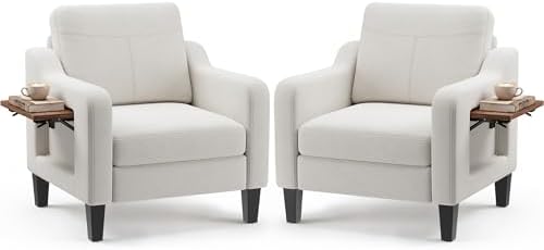 Accent Chairs Set of 2 for Living Room, Mid-Century Upholstered Armchair with Foldable Table & 2 Side Pockets, Modern Linen Wooden Sofa Chair for Bedroom & Reading Room, Beige