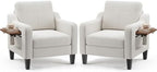 Accent Chairs Set of 2 for Living Room, Mid-Century Upholstered Armchair with Foldable Table & 2 Side Pockets, Modern Linen Wooden Sofa Chair for Bedroom & Reading Room, Beige
