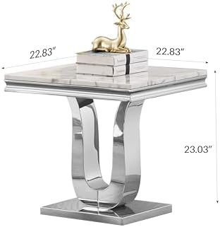 Faux Marble End Table, Modern Rectangular Conner Table with Faux Marble Top U Shape Stainless Steel Base for Bedroom Home Office