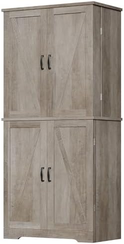 Vongrasig Kitchen Pantry Storage Cabinet with Barn Doors, Drawer and Adjustable Shelves, 6-Tier Tall Rustic Wood Cupboard Locker for Kitchen, Dining Room, Living Room, Bathroom, Rustic Grey