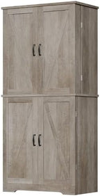 Vongrasig Kitchen Pantry Storage Cabinet with Barn Doors, Drawer and Adjustable Shelves, 6-Tier Tall Rustic Wood Cupboard Locker for Kitchen, Dining Room, Living Room, Bathroom, Rustic Grey