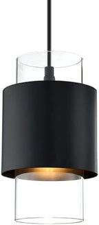 1 Light Hanging Indoor Kitchen Island Pendant Light 6" Drum Glass Shade Pendant Ceiling Light Fixtures Modern Farmhouse Dinning Over Sink (Black Finish, 2 Pack)