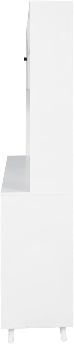 Modern White Kitchen Buffet and Hutch Storage Cabinet with Glass Doors, 4 Drawers, Open Shelves, and Hooks, Multifunctional Sideboard for Dining Room and Kitchen Organization