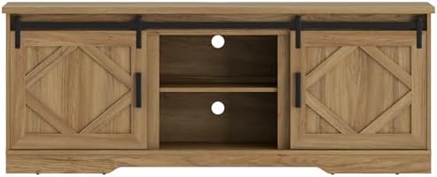 WAMPAT Farmhouse Style TV Stand for 60-75 inch TV w/Distressed Wood Finish | 66.1"L*15.4D"*25.6"H, TV Cabinet with Cable Management,Sliding Barn Door,Adjustable Media Shelf,Hidden Storage Space