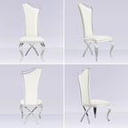 Asday Dining Chairs Set of 6, White Faux Leather and Silver Streamlined High Back Dining Room Chairs with Curved and X Stainless Steel Legs