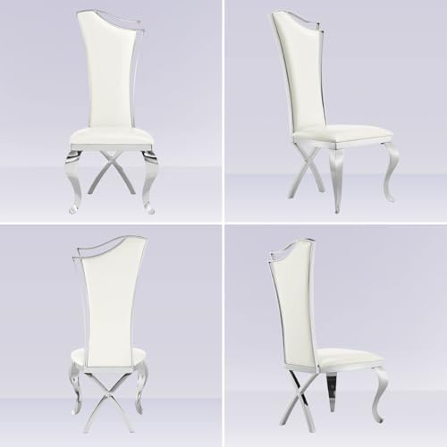 Asday Dining Chairs Set of 6, White Faux Leather and Silver Streamlined High Back Dining Room Chairs with Curved and X Stainless Steel Legs