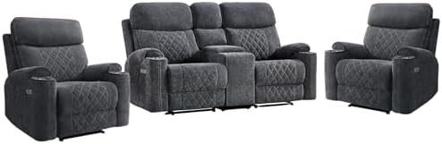 HAOMARKETS 3-Piece Recliner Sofa Set with Charging Ports, Include 2 Power Recliner Chairs and Electric 2-Seater Loveseat Reclining Couch with Hidden Storage and Cup Holders for Living Room, Dark Grey