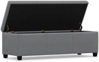 SIMPLIHOME Avalon 48" Wide Vegan Leather Storage Ottoman in Stone Grey | Contemporary lift-top ottoman with high-density foam; rectangle storage bench or coffee table for living room or entryway.