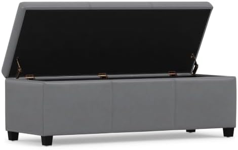 SIMPLIHOME Avalon 48" Wide Vegan Leather Storage Ottoman in Stone Grey | Contemporary lift-top ottoman with high-density foam; rectangle storage bench or coffee table for living room or entryway.