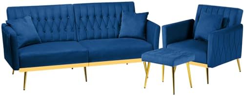 2 Pieces Velvet Sofa Set with Adjustable Armrest and Backrests, Blue | 70” Convertible Futon Sofa Bed & Mordern Accent Chair with Ottoman for Living Room, Bedroom