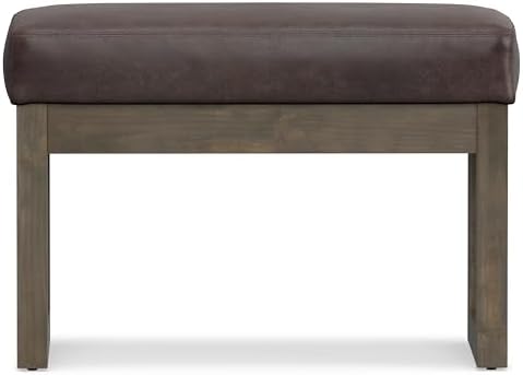SIMPLIHOME Milltown 27" Wide Vegan Leather Ottoman in Distressed Brown | Contemporary ottoman with a cushioned seat for bedroom seating; rectangle footstool, footrest or bench.