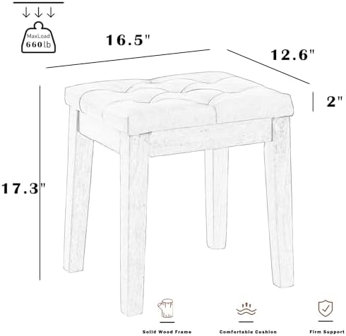 Ottoman Vanity Wooden Stool with Padded Seat, Faux Leather Brown | Square Wood Accent Dining Makeup Piano Stool with Button-Tufted Padded Upholstered Seat & Wood Legs for Living Room Bathroom